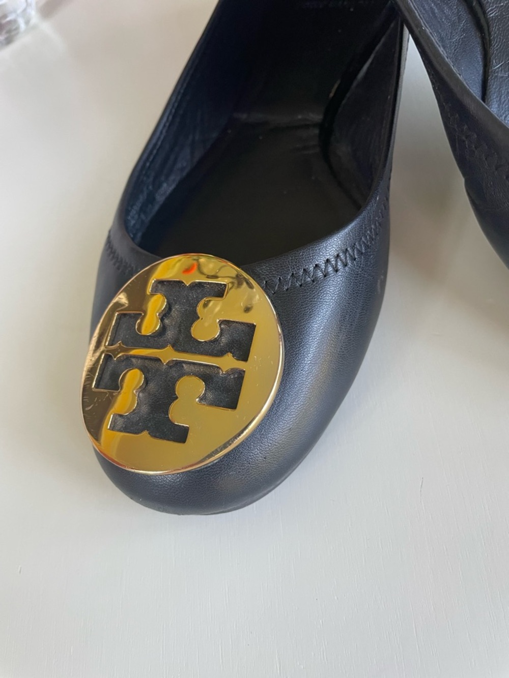 Tory Burch Black Leather Ballet Flats with Gold Logo Medallion - Picture 3 of 13
